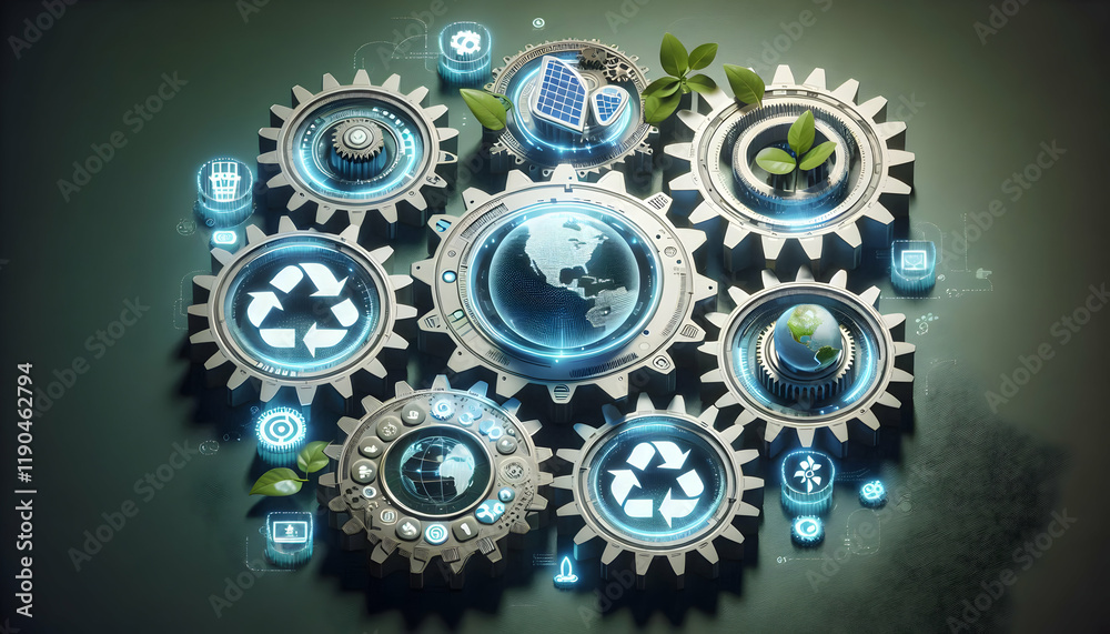 NetZero A futuristic arrangement of gears with sustainability icons like renewable energy, recycling, and su3 NetZero A futuristic arrangement of gears with sustainability icons like renewable energy, recycling, and su3