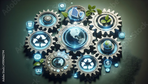 NetZero A futuristic arrangement of gears with sustainability icons like renewable energy, recycling, and su3