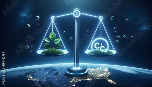 NetZero A front-view balance scale where the globe is in the center as the fulcrum, green leaves hanging on 3