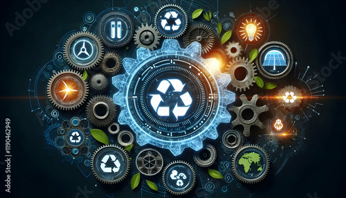 NetZero A futuristic arrangement of gears with sustainability icons like renewable energy, recycling, and su4