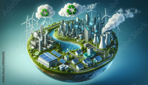 NetZero A futuristic, eco-friendly cityscape illustrated on a curved piece of Earth The scene includes wind 2