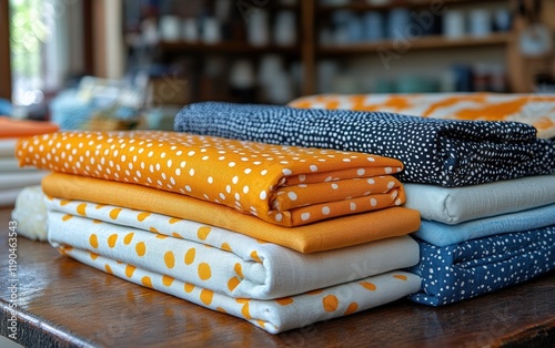 Vibrant fabric stacks, neatly arranged on a wooden table, showcasing a cheerful palette of orange and blue polka dots. Ready for creation! photo