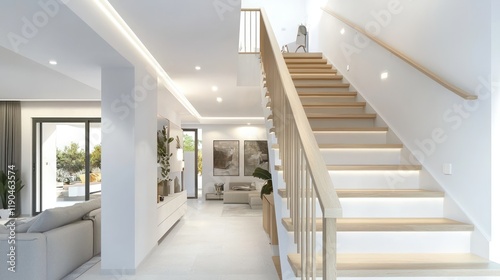 Modern, open-plan living space accessed by a staircase with light wood railings.