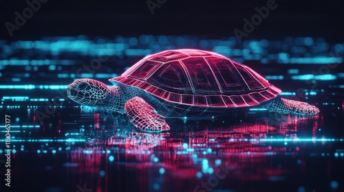 Digital wireframe turtle crawling on glowing data stream. photo