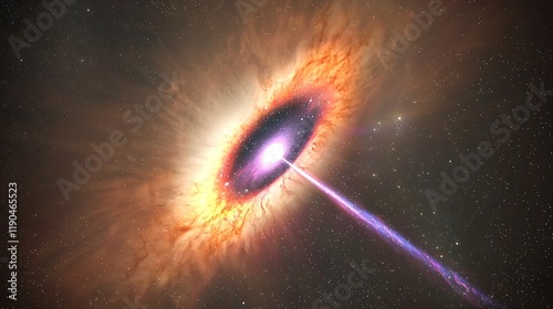 Active galactic nucleus, jet emission, space, cosmic, background stars, science illustration, astronomy