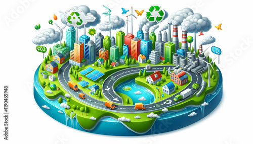 NetZero A colorful depiction of an eco-friendly city on a curved section of Earth Features include green bui2