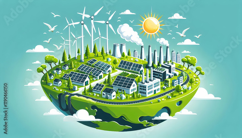 NetZero A detailed green-themed depiction of an eco-friendly city on a curved Earth section It features wind2
