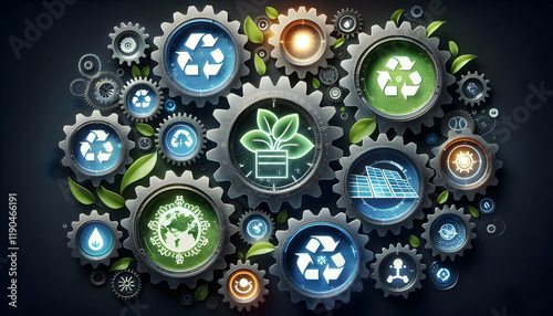 NetZero A collection of gears in motion, each featuring icons like recycling, solar power, and nature conser4