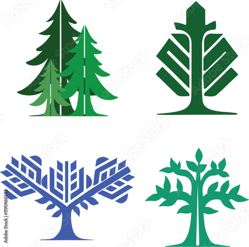 Various types of colorful trees on a white background.