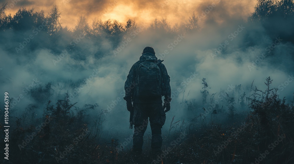 Solitary figure in smoky forest at dawn. Solitary figure in smoky forest at dawn.