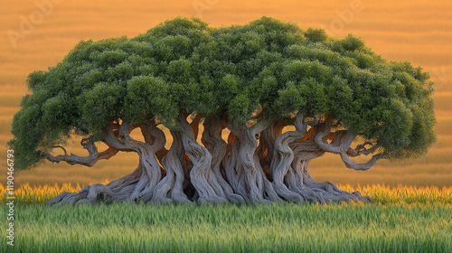 A low, wide tree with many braided trunks sits in a golden field