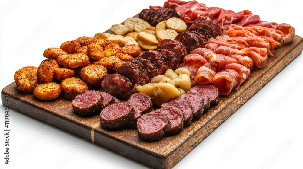 Obraz premium Board with cold cuts, cookies and crackers on an isolated background. Top view.