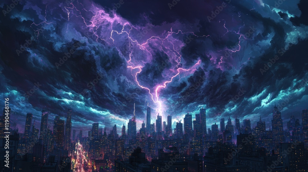 Fototapeta premium Dramatic lightning storm over a cityscape at night.