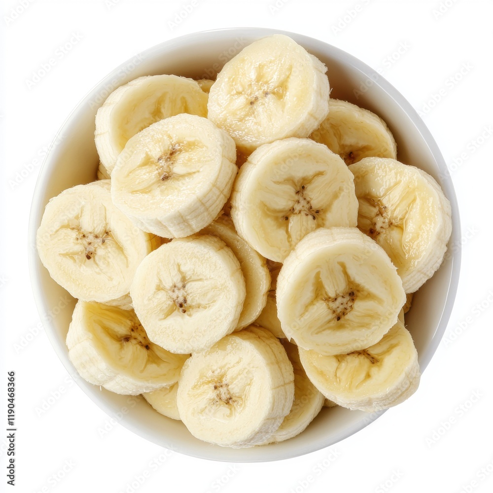 Freshly Sliced Bananas in White Bowl Top View Close-Up Freshly Sliced Bananas in White Bowl Top View Close-Up