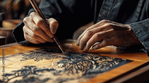 Intricate Woodblock Print Creation photo