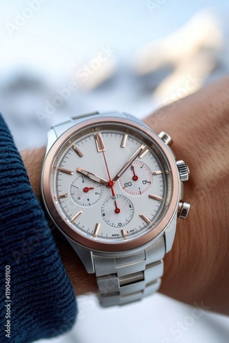 Wristwatch with chronograph showing time on snowy mountain background