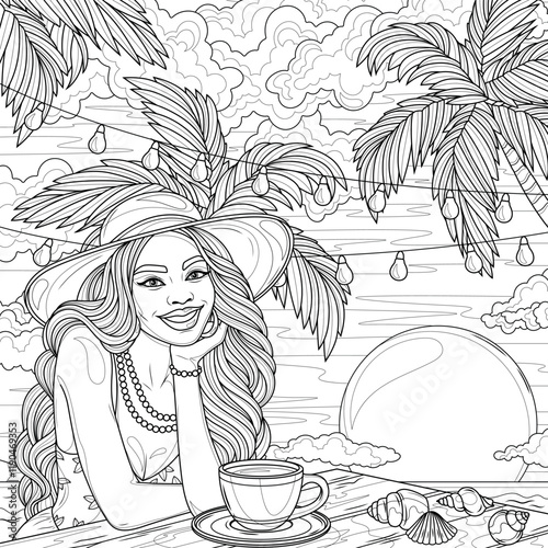 A woman drinking coffee by the sea and palm trees.Coloring book antistress for children and adults. 