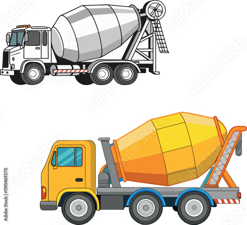 Two cement mixer trucks transporting concrete on construction site