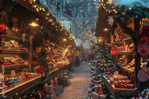 A surreal Christmas market with twinkling lights, snow falling gently, and a festive atmosphere, A surreal interpretation of a Christmas market filled with stalls selling unique crafts and treats photo