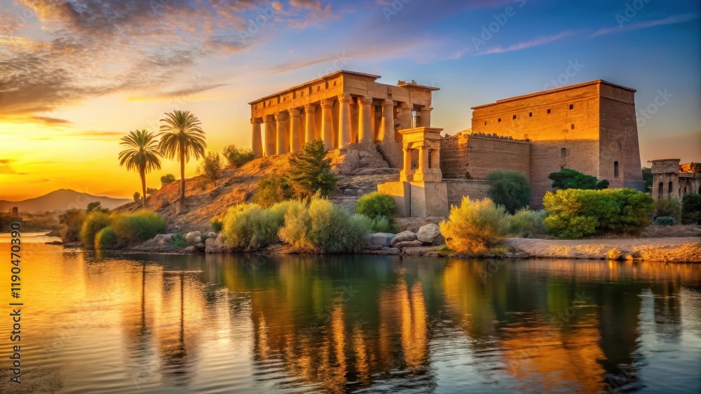 Egyptian temple at sunset over the Nile River in Aswan, near Philae Temple complex, with warm golden light casting a mystical glow , temples, ancient architecture Egyptian temple at sunset over the Nile River in Aswan, near Philae Temple complex, with warm golden light casting a mystical glow , temples, ancient architecture