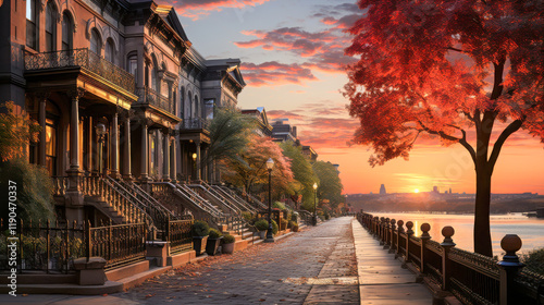 Beautiful autumn sunset along a historic riverfront street with colorful trees and elegant architecture
