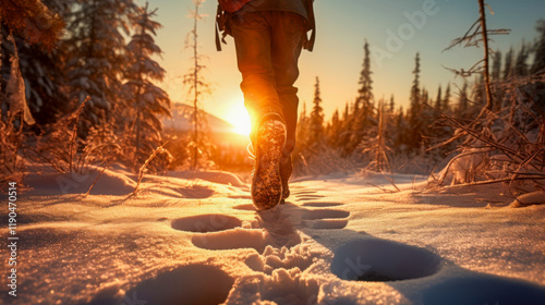 Walking through a snowy forest at sunset with footprints leading towards the horizon in a serene winter landscape photo