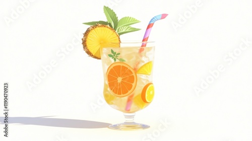 Refreshing Citrus Drink with Straw and Fruit Garnish on a Bright White Background photo