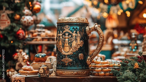 Ornate beer stein on wooden table at Christmas market.