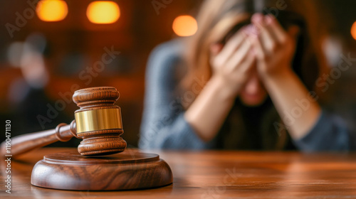 Emotional turmoil in a courtroom during a legal proceeding with a gavel in focus, highlighting the weight of justice photo