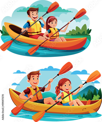 Father and daughter kayaking in a lake, enjoying summer vacation