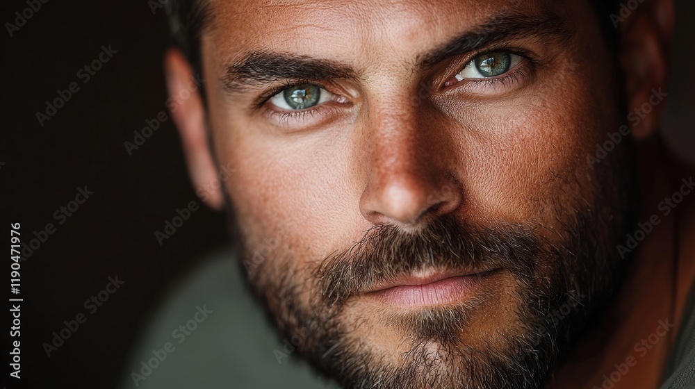 Intense character study close-up of a man with striking eyes in dramatic lighting Intense character study close-up of a man with striking eyes in dramatic lighting