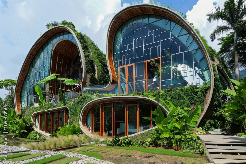 Fototapeta premium A contemporary home seamlessly blends into the surrounding jungle, showcasing innovative green architecture, An innovative building incorporating sustainable design elements