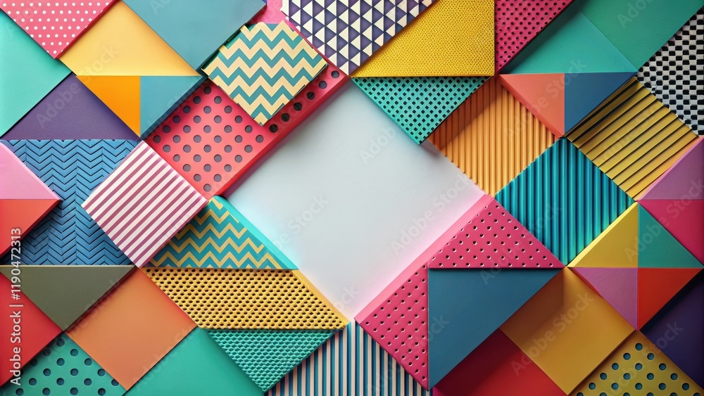 Vibrant Geometric Pattern Collage with Central Blank Space for Text or Image Vibrant Geometric Pattern Collage with Central Blank Space for Text or Image