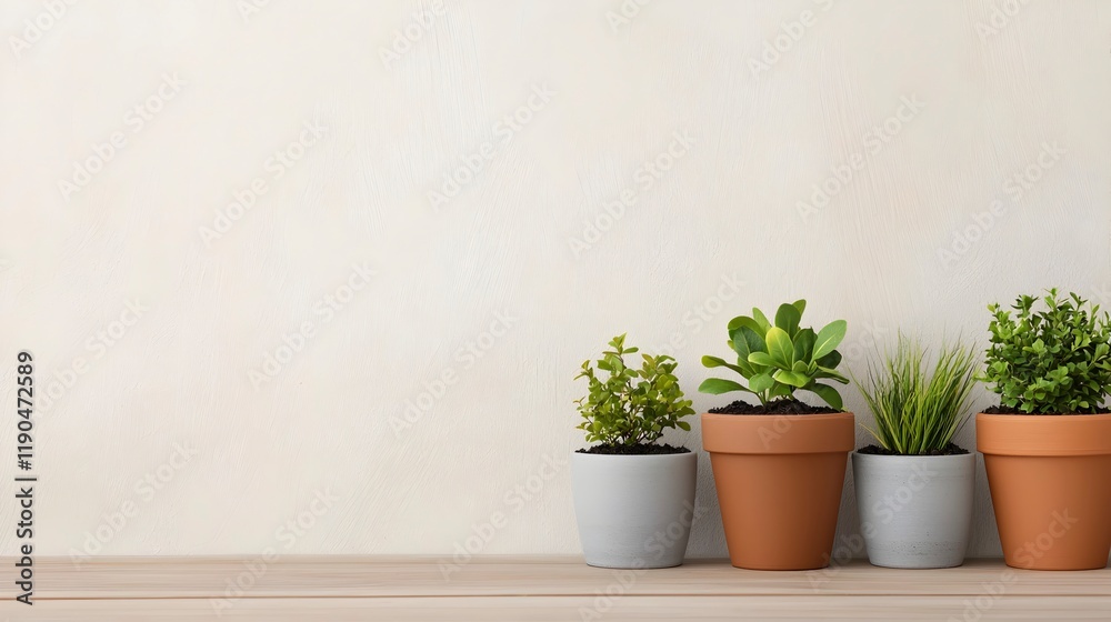 Fototapeta premium Fresh Potted Plants on Wooden Surface