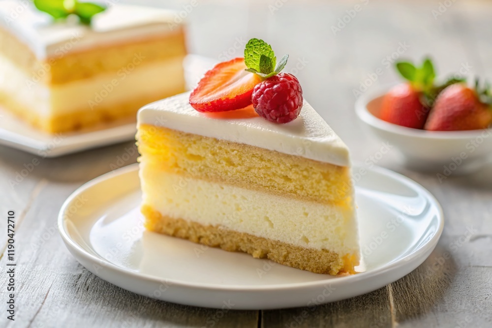 Aerial View: Creamy Cake Slice on White Plate, Blurred Background Aerial View: Creamy Cake Slice on White Plate, Blurred Background