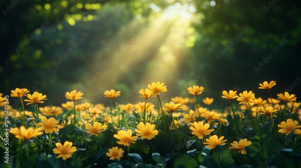 Obraz premium Sunlight streams through trees illuminating a field of yellow flowers creating a serene and peaceful natural setting