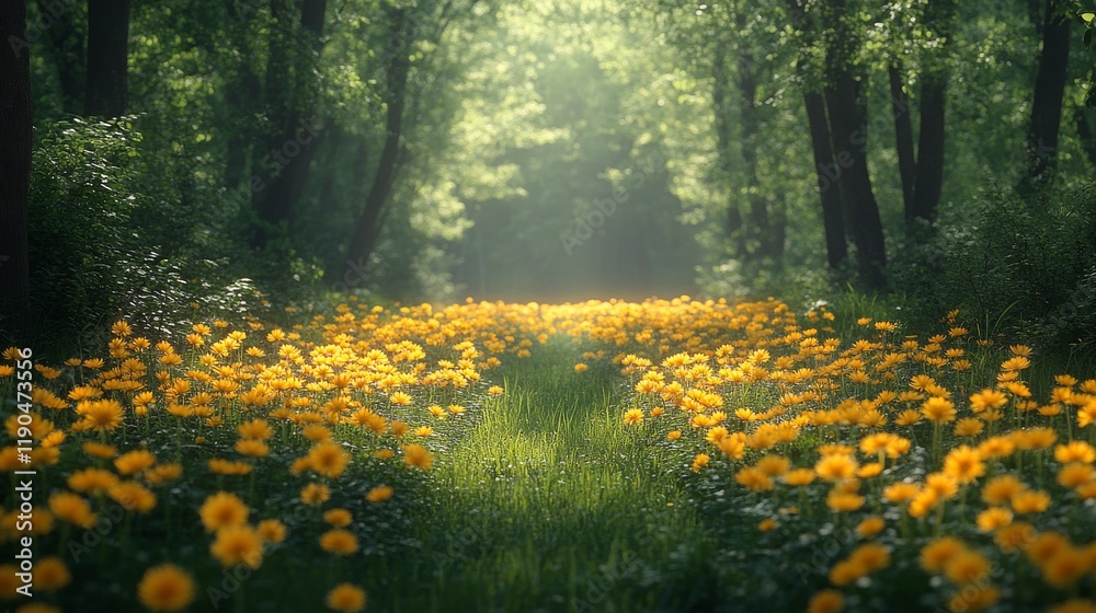 Obraz premium A path through a dense forest leads to a field filled with yellow flowers bathed in the warm glow of sunlight