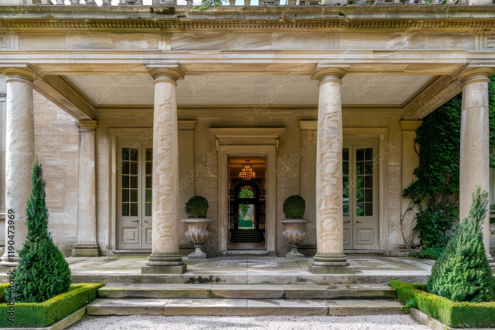 Obraz premium A stately stone portico with a pediment frames the entrance to a historic mansion, A pedimented portico framing the main entrance