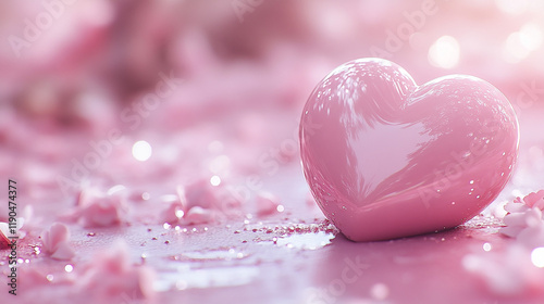 A glossy pink heart rests among delicate rose petals