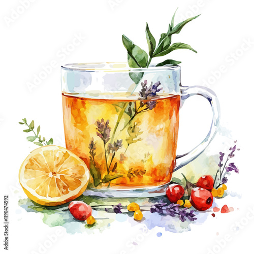 A watercolor of herbal tea, isolated on a white background. Herbal tea vector.

