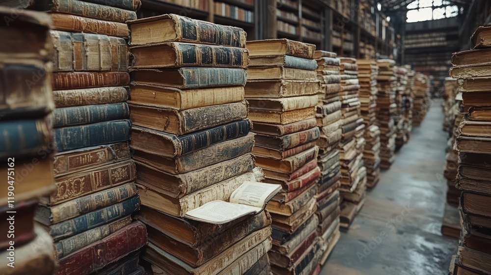 Obraz premium Stacks of antique books in a large library or archive.