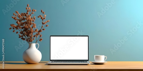 Wallpaper Mural Mock up laptop for web or image. Blank laptop screen on wooden table, coffee cup of coffee, vase and blue background. Minimalist and copy space home office or workspace concept. Generative ai Torontodigital.ca