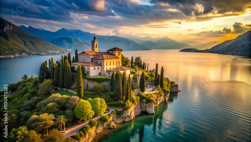 Aerial View of Montecastello Sanctuary, Lake Garda, Italy: Picturesque Sacred Site photo