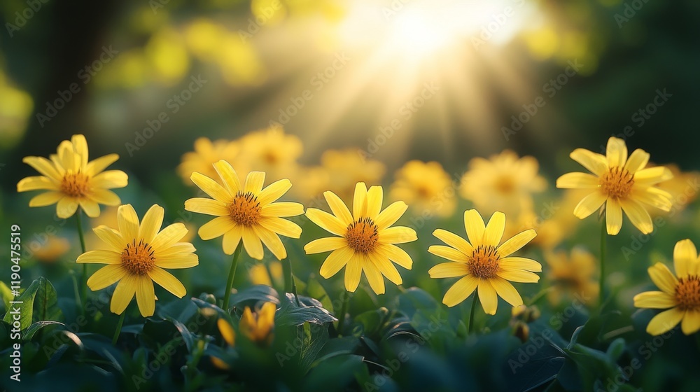 Obraz premium A sunbeam illuminates a field of blooming yellow flowers creating a warm and vibrant scene with soft bokeh