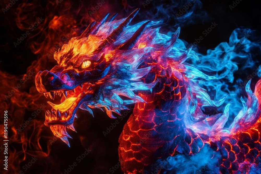Fototapeta premium Majestic serpentine fire dragon with obsidian scales and fiery tendrils in mythical scene