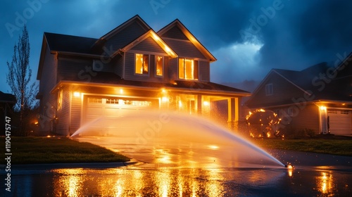 House Sprinkler System Activation During Night Fire - Dramatic scene of a house fire at night, with sprinklers activating, symbolizing protection, emergency response, resilience, water, and danger.