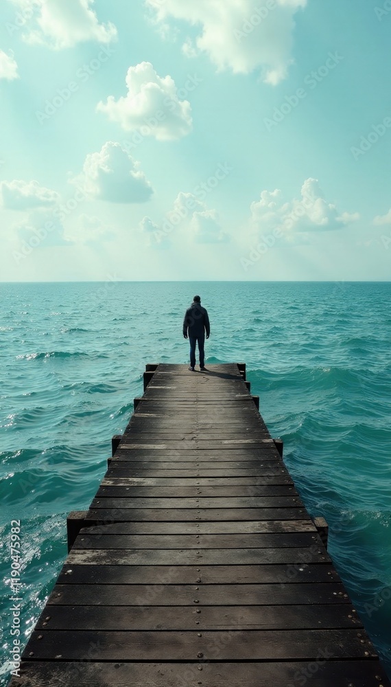 Solitary figure, weathered pier, vast ocean expanse, broken, waves, seascape Solitary figure, weathered pier, vast ocean expanse, broken, waves, seascape