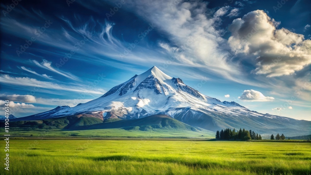 Fototapeta premium Majestic snow-capped peak rising above a vibrant green meadow under a dramatic sky