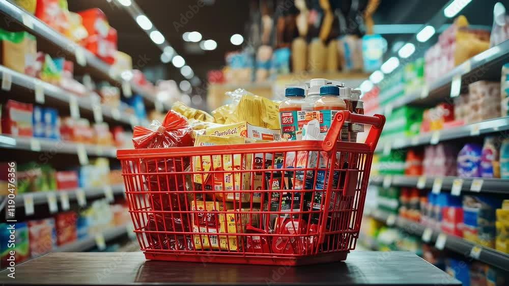 basket with products on the background of the store. Selective focus