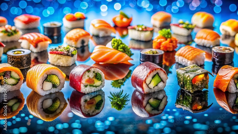 Fototapeta premium Aerial View of Assorted Sushi on Blue Reflective Surface
